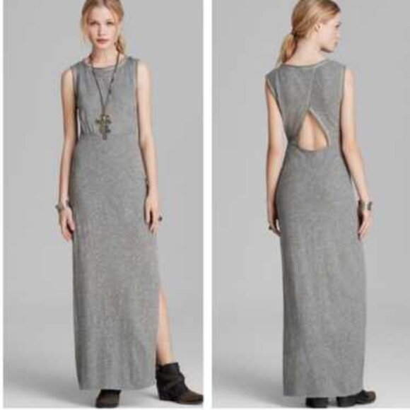 FREE PEOPLE S Grey Heather Sabrina Knit Maxi Dress Cut Out Slit - Picture 1 of 8